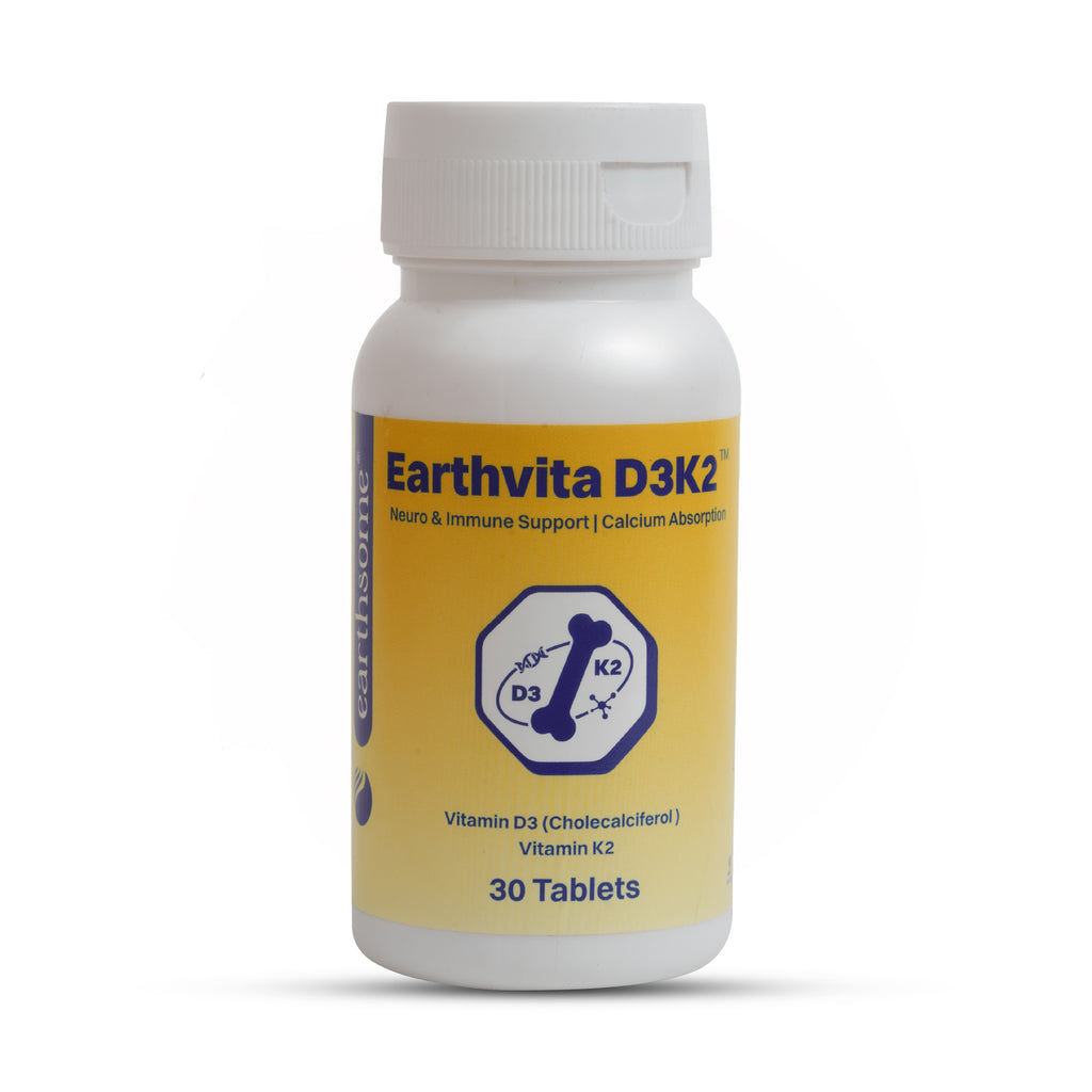 Earthvita D3K2 supplement bottle on a white background