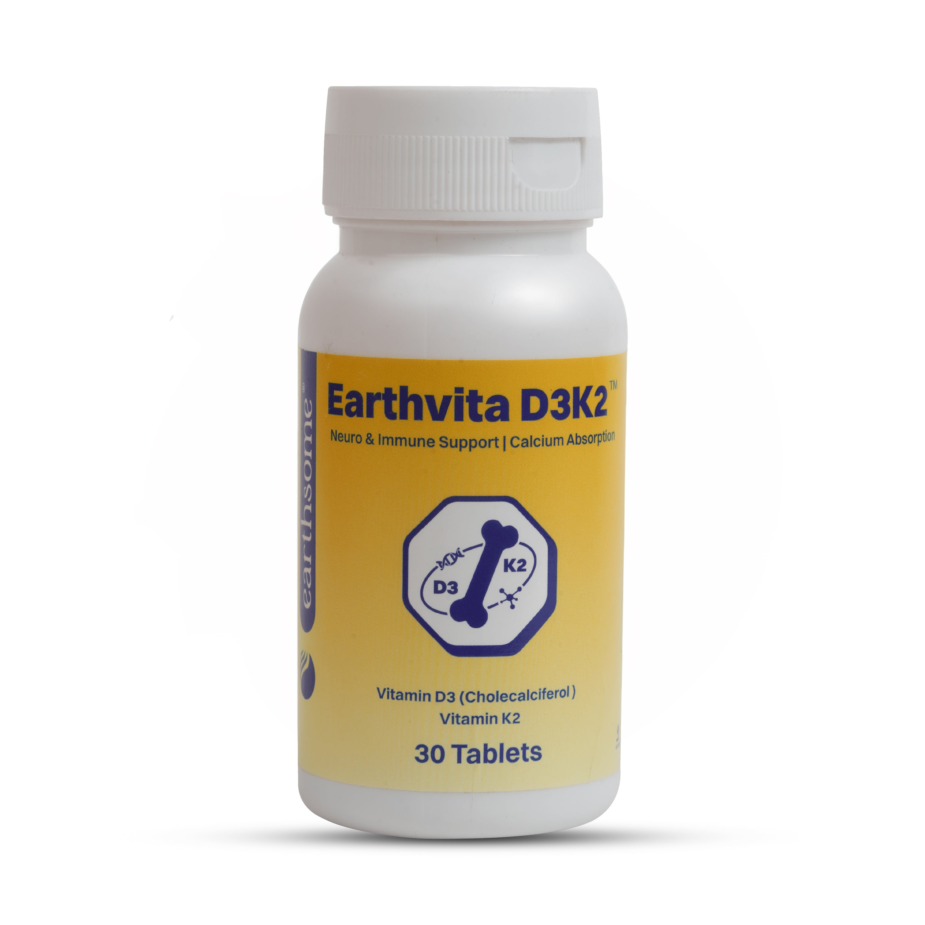 Earthvita D3K2 supplement bottle on a white background